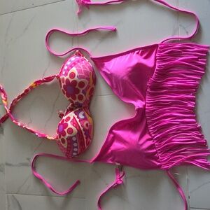 Pink Fringe Halter Bikini And A Floral Bikini Swim Top